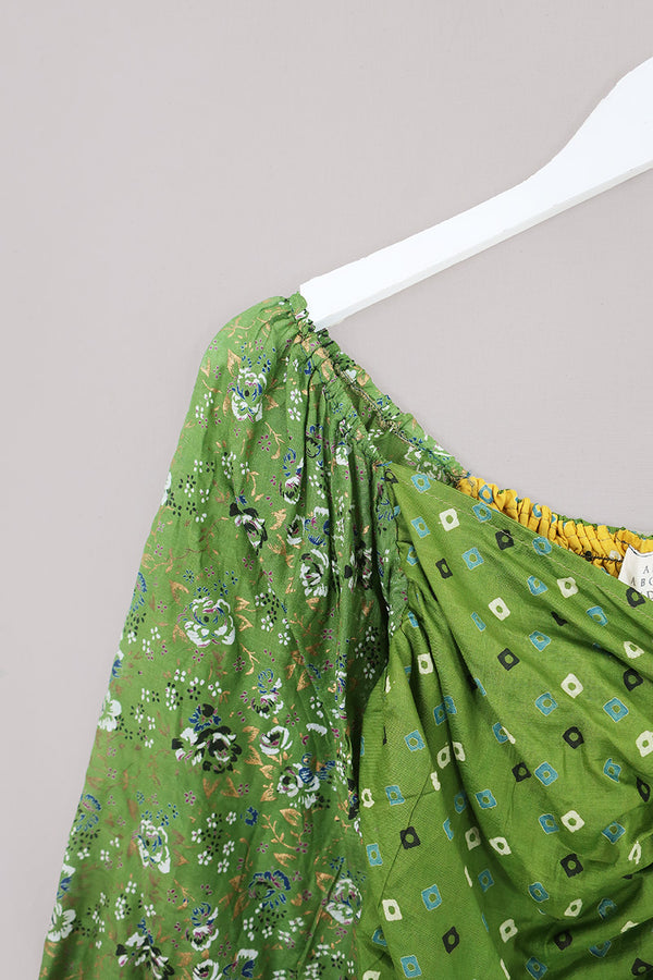 Ariel Top - Vintage Sari - Olive Fairy Garden - Free Size