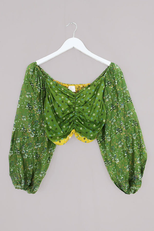 Ariel Top - Vintage Sari - Olive Fairy Garden - Free Size