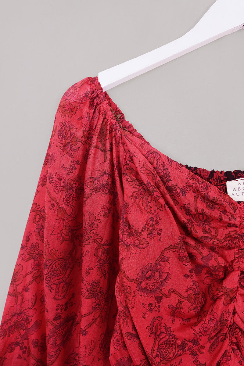 Ariel Top - Vintage Sari - Scarlet Botanical - Free Size