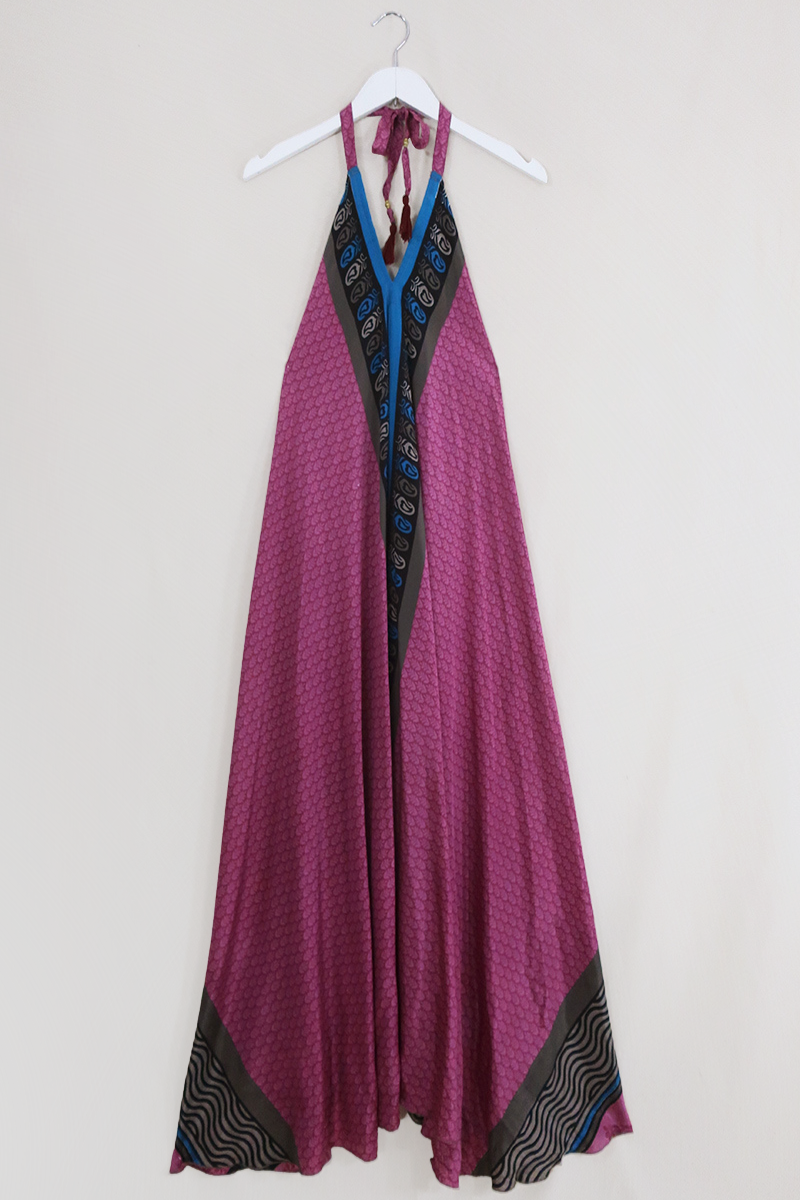 Athena Maxi Dress - Vintage Sari - Rouge Flower Buds - Free Size M/L