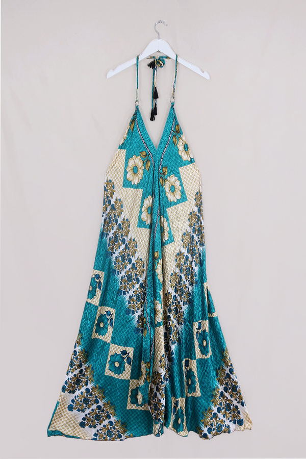 Athena Maxi Dress - Vintage Sari - Mottled Teal & Tan Wildflower - M to L/XL by All About Audrey