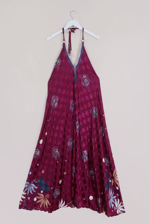 Athena Maxi Dress - Vintage Sari - Cherry & Teal Abstract Roses - S to M/L