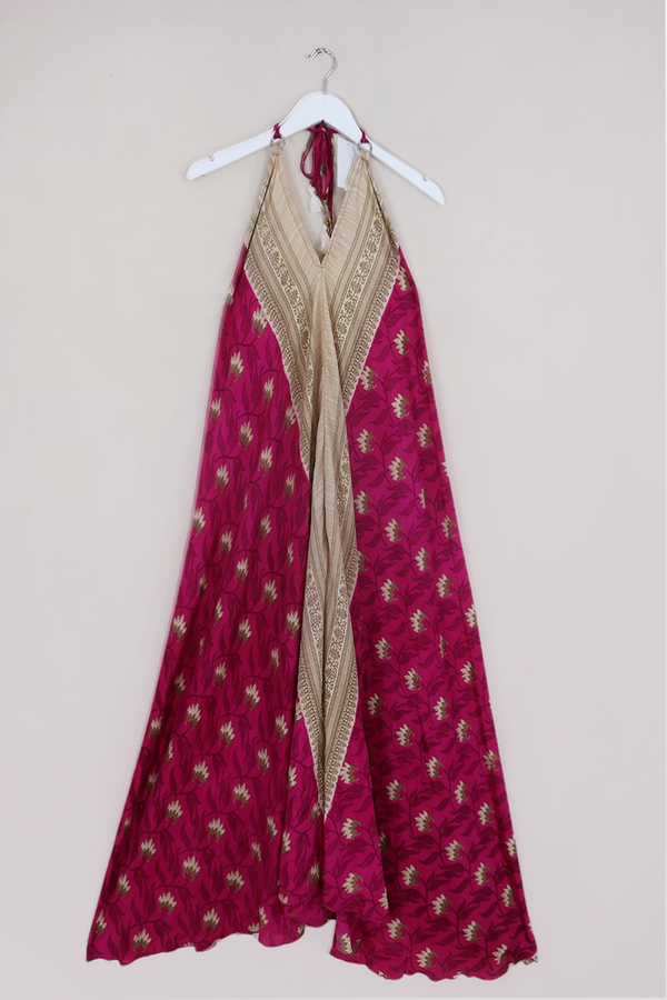 Athena Maxi Dress - Vintage Sari - Deep Pink & Champagne Strawflowers  - M to L/XL by All About Audrey