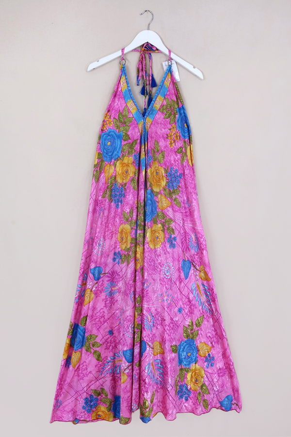 Athena Maxi Dress - Vintage Sari - Magenta, Sun & Sky Floral - M to L/XL by All About Audrey
