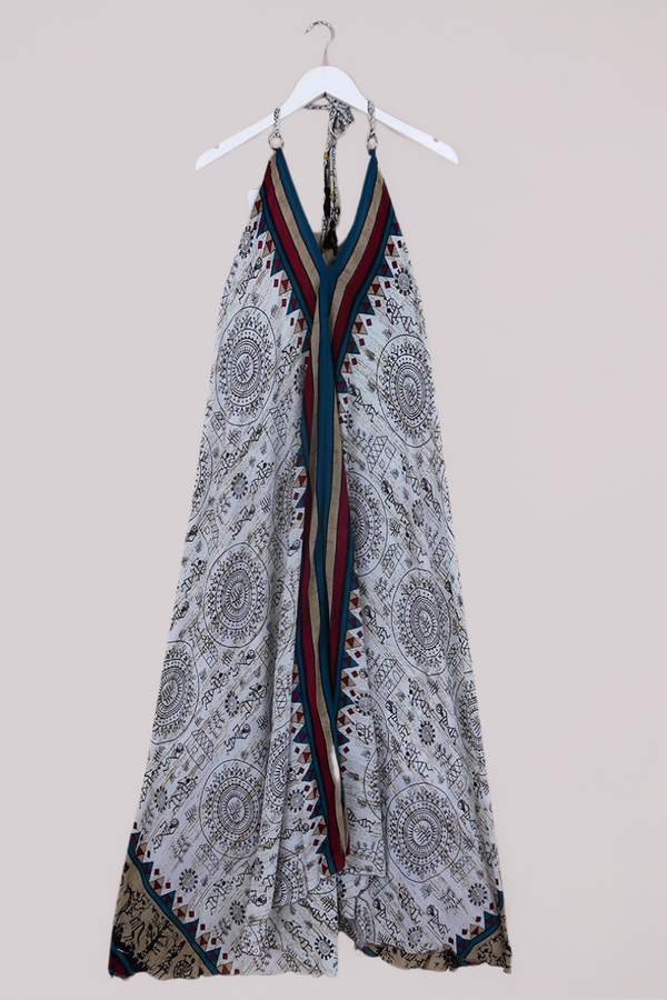 Athena Maxi Dress - Vintage Sari - Chalk White Sketches - S to L/XL by All About Audrey