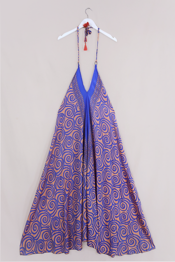 Athena Maxi Dress - Vintage Sari - Periwinkle & Peach Swirls - M to L/XL