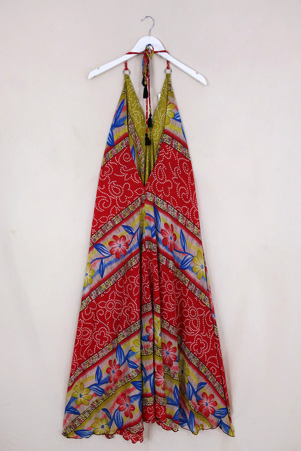 Athena Maxi Dress - Vintage Sari - Scarlet & Lime Blossom - M to XL by All About Audrey