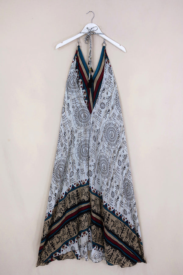 Athena Maxi Dress - Vintage Sari - Chalk White Sketches - S to L/XL by All About Audrey