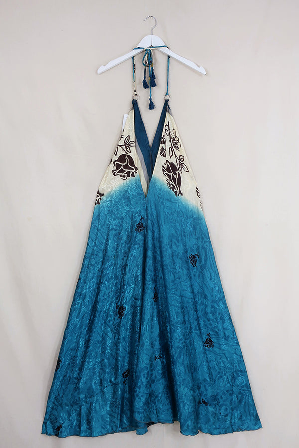 Athena Maxi Dress - Vintage Sari - Cyan Blue & Beige Roses - M to L/XL by All About Audrey