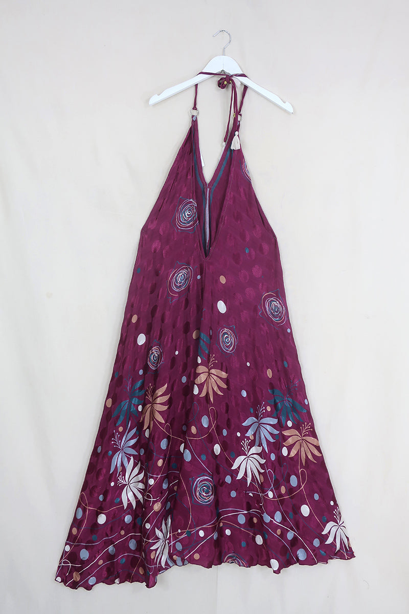 Athena Maxi Dress - Vintage Sari - Cherry & Teal Abstract Roses - S to M/L