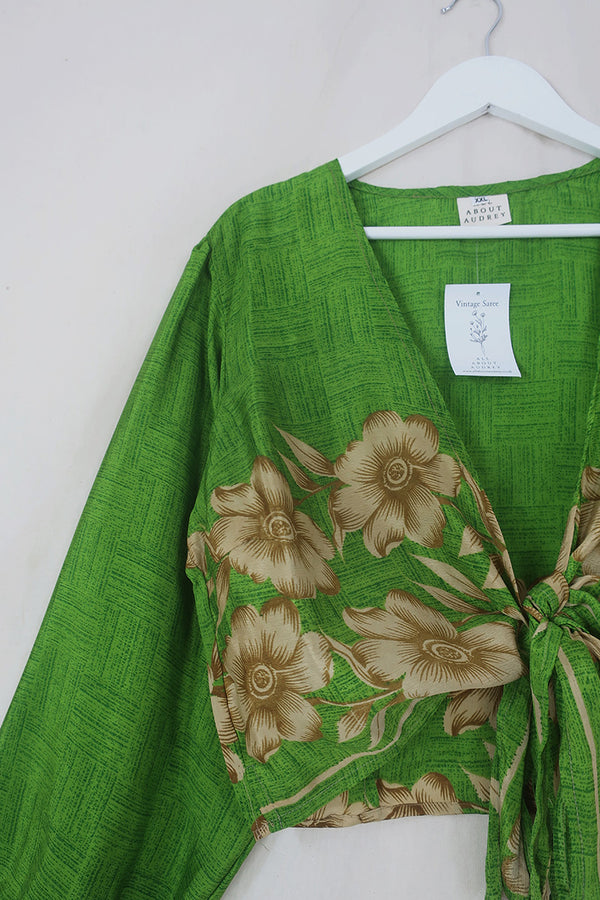 Lola Wrap Top - Granny Smith Green with Potentilla Print - Size XXL By All About Audrey
