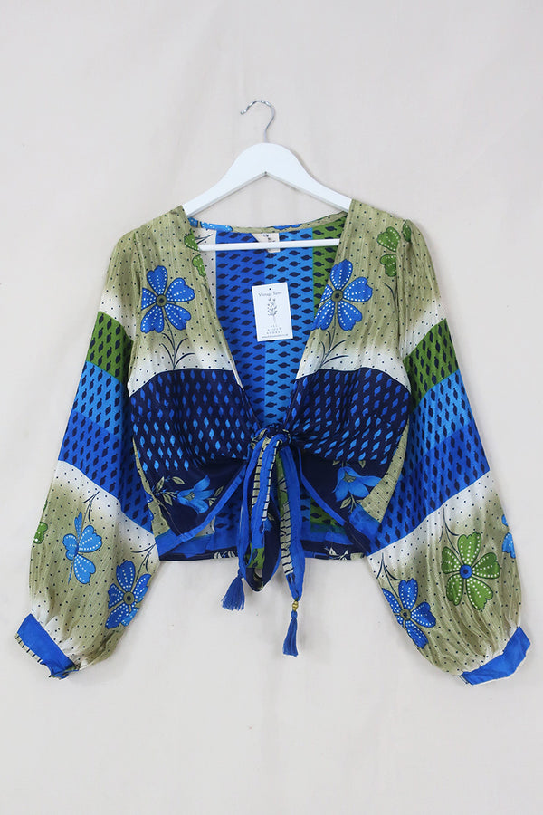 Lola Wrap Top - Indigo Blue & Lime Retro Floral - Size S/M By All About Audrey