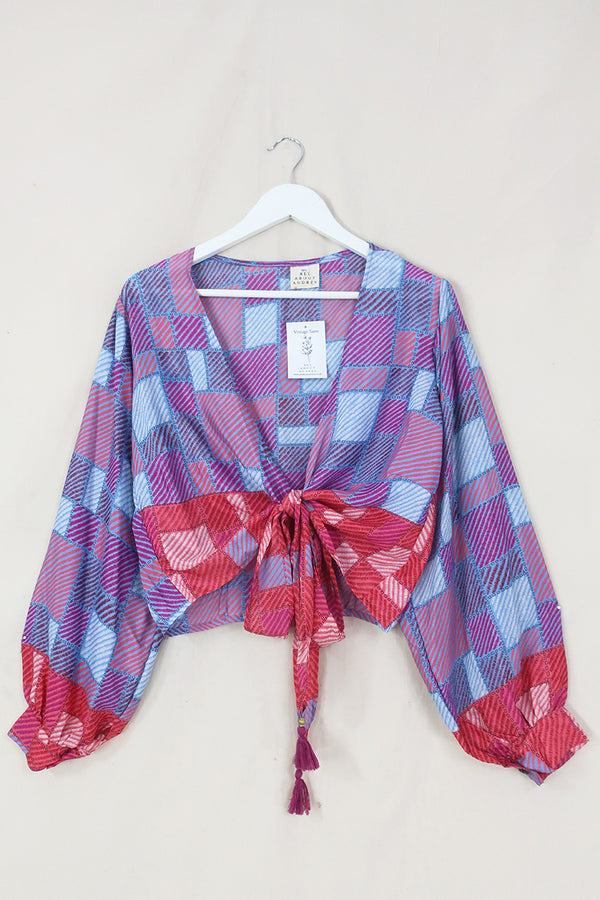 Lola Wrap Top - Checkered Cornflower Blue - Size M/L By All About Audrey