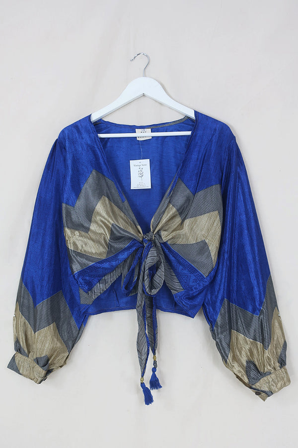 Lola Wrap Top - Retro Sapphire Blue Chevron - Size L/XL By All About Audrey