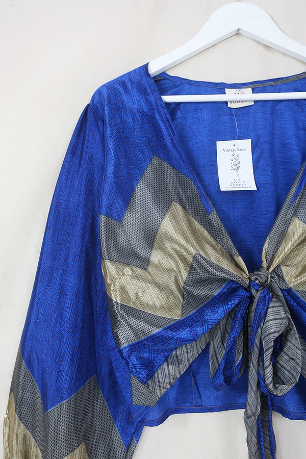 Lola Wrap Top - Retro Sapphire Blue Chevron - Size L/XL By All About Audrey