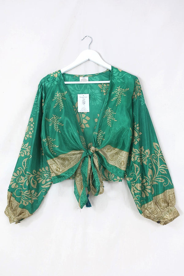 Lola Wrap Top - Ocean Green & Sandstone Motif - Size L/XL By All About Audrey