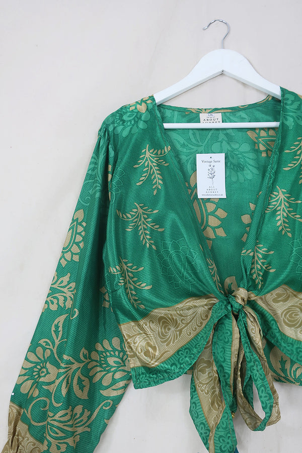 Lola Wrap Top - Ocean Green & Sandstone Motif - Size L/XL By All About Audrey