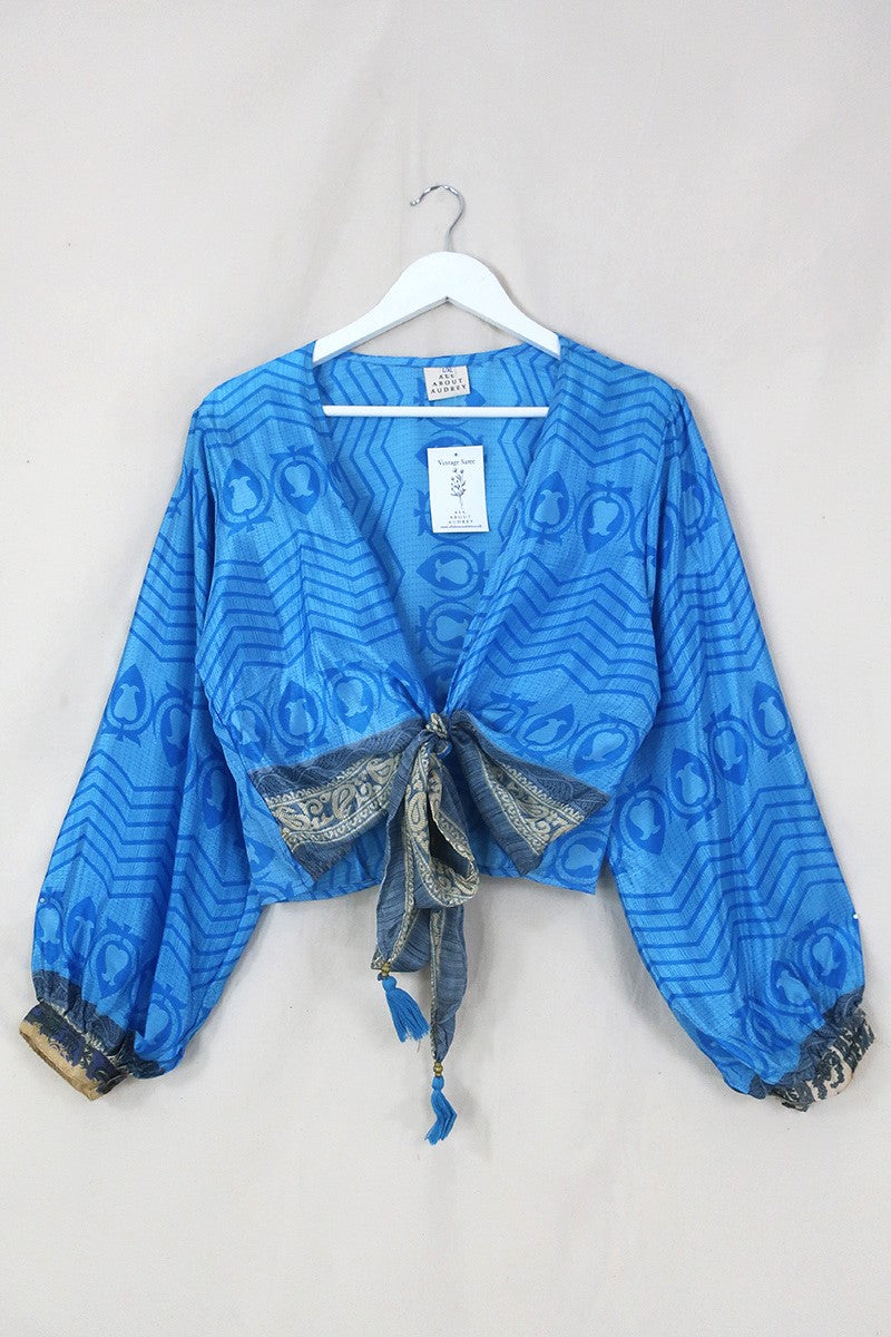 Lola Wrap Top - Sunny Sky Blue Chevron - Size L/XL By All About Audrey