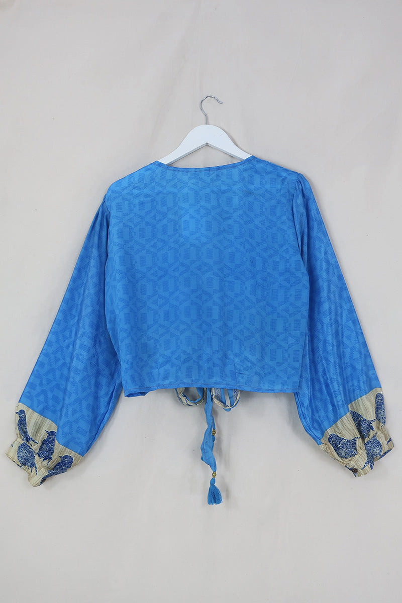 Lola Wrap Top - Mosaic Blue Birds - Size L/XL By All About Audrey