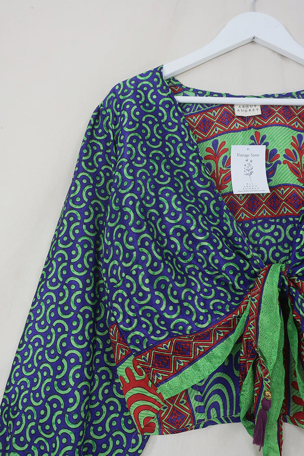 Lola Wrap Top - Cosmic Purple & Lime Geometric - Size L/XL By All About Audrey