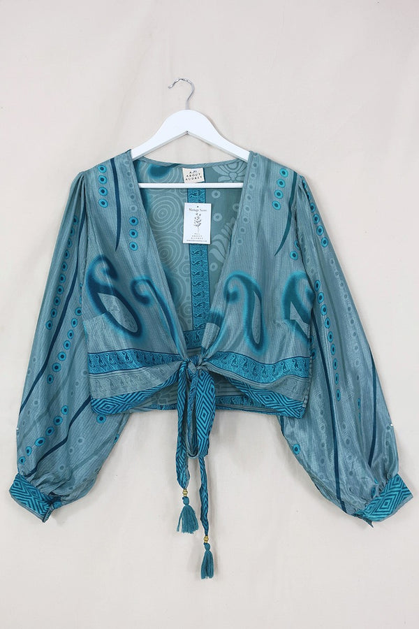 Lola Wrap Top - Misted Turquoise Paisley - Size M/L By All About Audrey