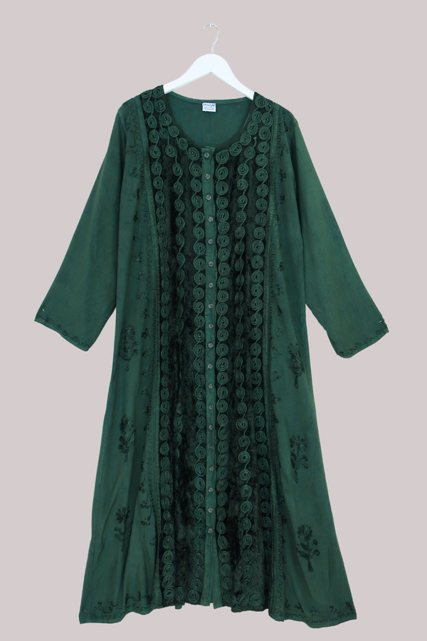 Indian Velvet Embroidered Kaftan in Deep Evergreen by All About Audrey