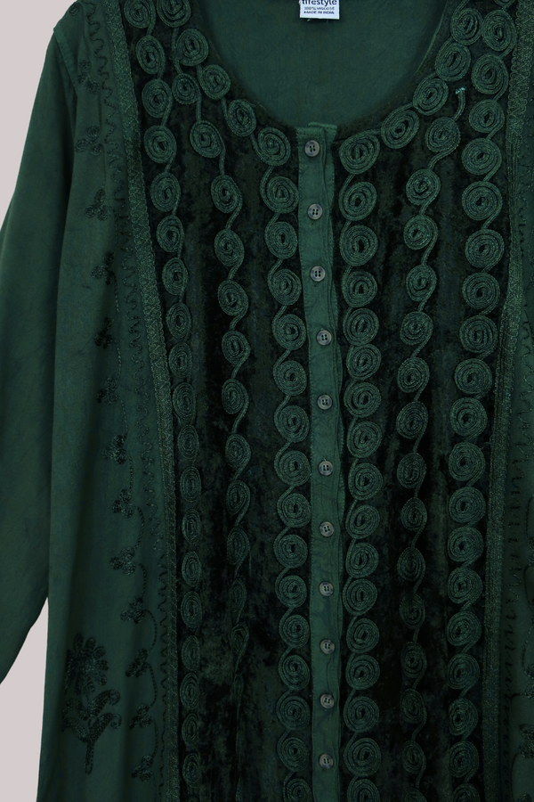 Indian Velvet Embroidered Kaftan in Deep Evergreen by All About Audrey