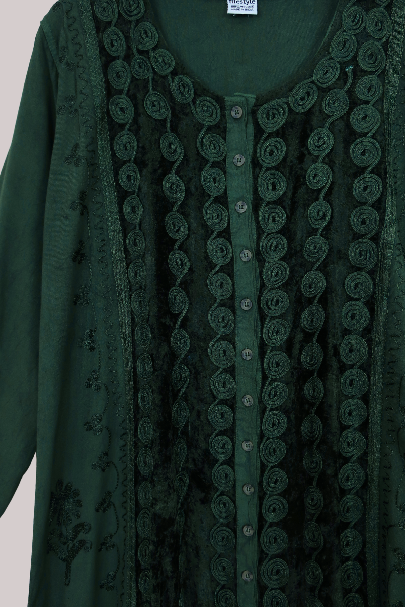 Indian Velvet Embroidered Kaftan in Deep Evergreen by All About Audrey