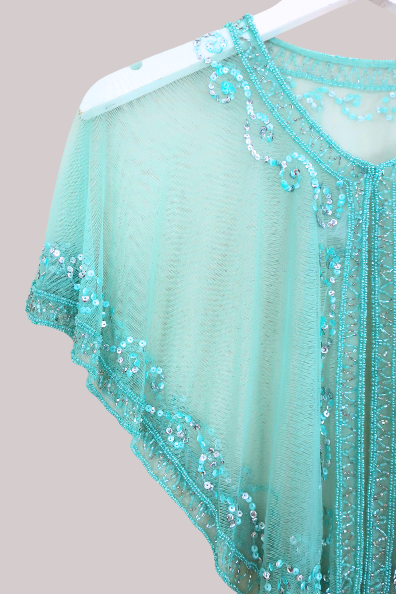Beaded Sheer Cloak in Glistening Turquoise