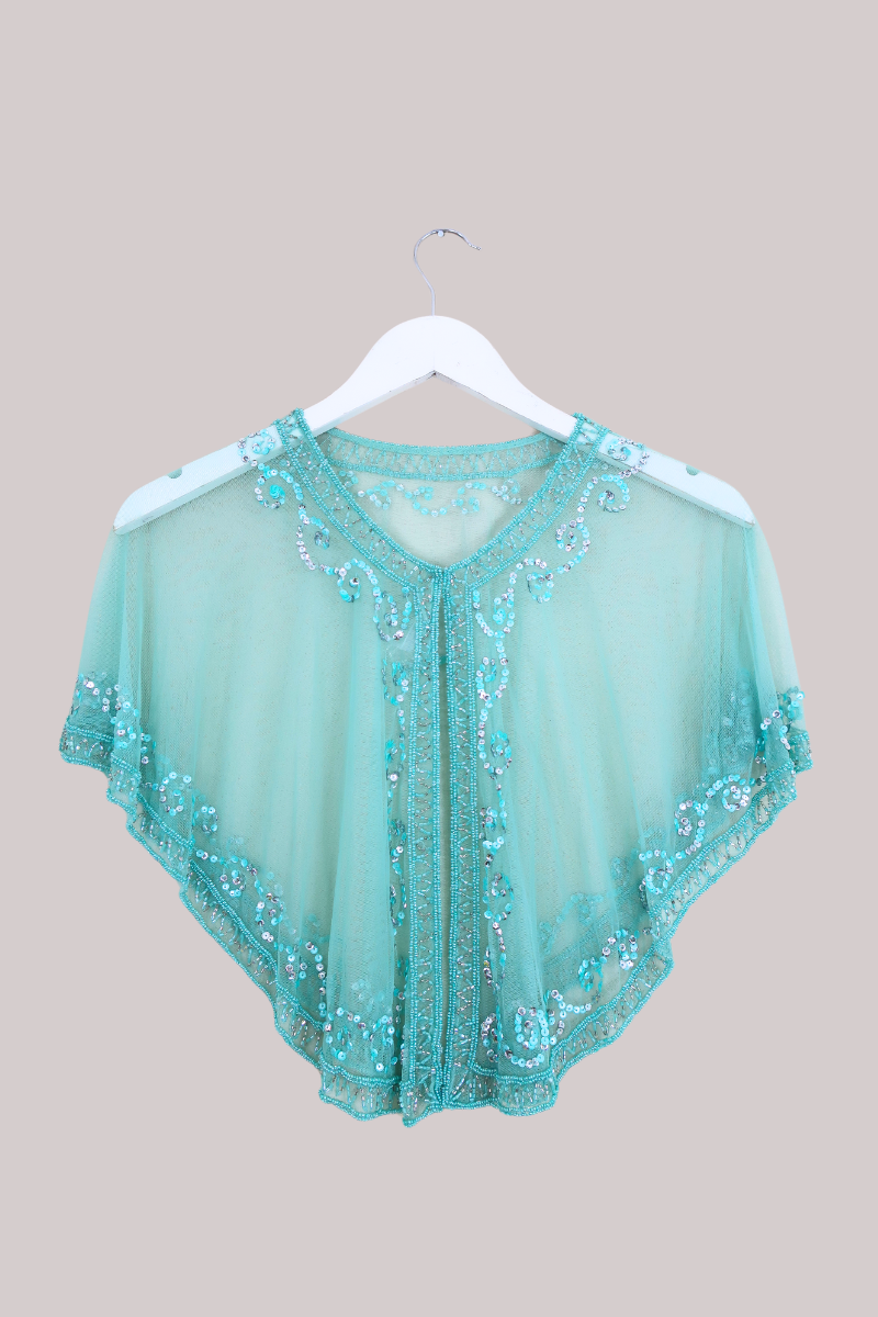 Beaded Sheer Cloak in Glistening Turquoise