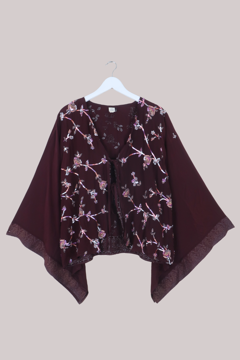 Gemini Vintage Sheer Beaded Sari Blouse in Burgundy Iris Flowers