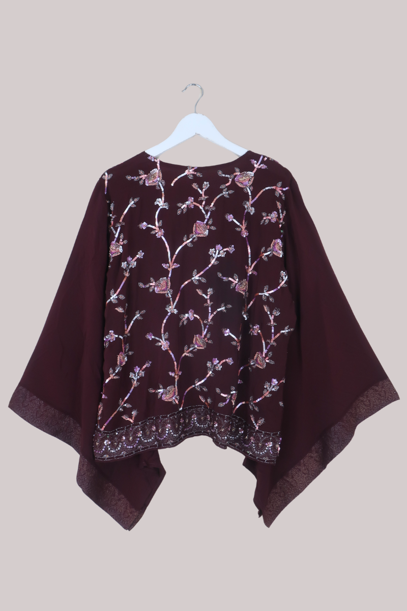 Gemini Vintage Sheer Beaded Sari Blouse in Burgundy Iris Flowers