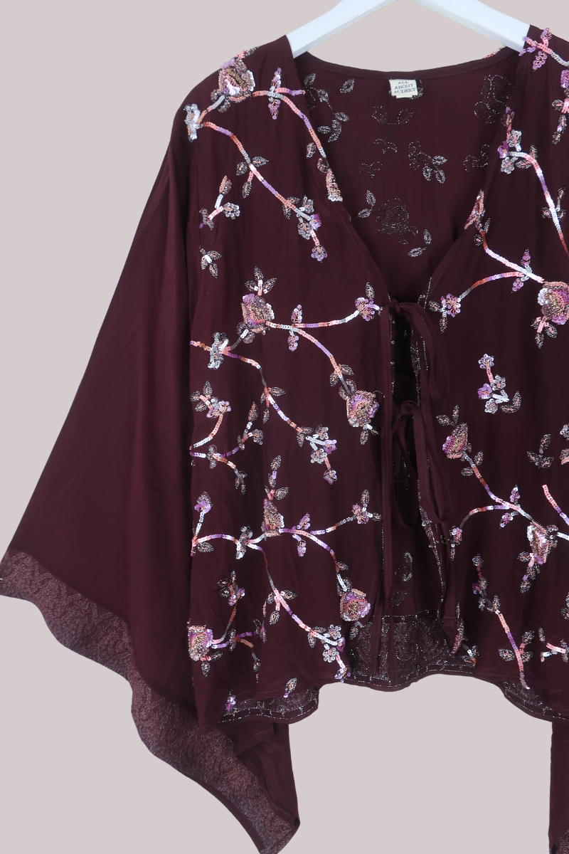 Gemini Vintage Sheer Beaded Sari Blouse in Burgundy Iris Flowers