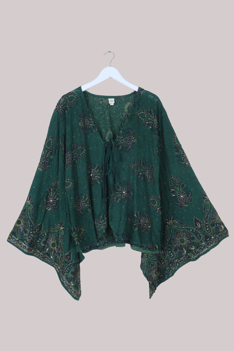 Gemini Vintage Sheer Beaded Sari Blouse in Opulent Emerald Florals