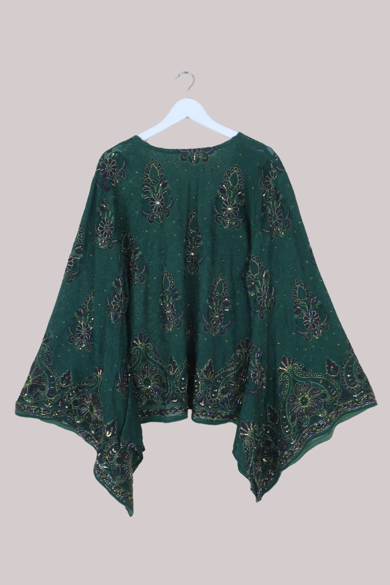 Gemini Vintage Sheer Beaded Sari Blouse in Opulent Emerald Florals