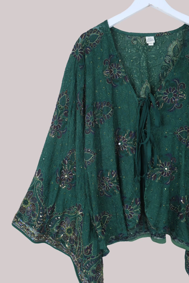 Gemini Vintage Sheer Beaded Sari Blouse in Opulent Emerald Florals