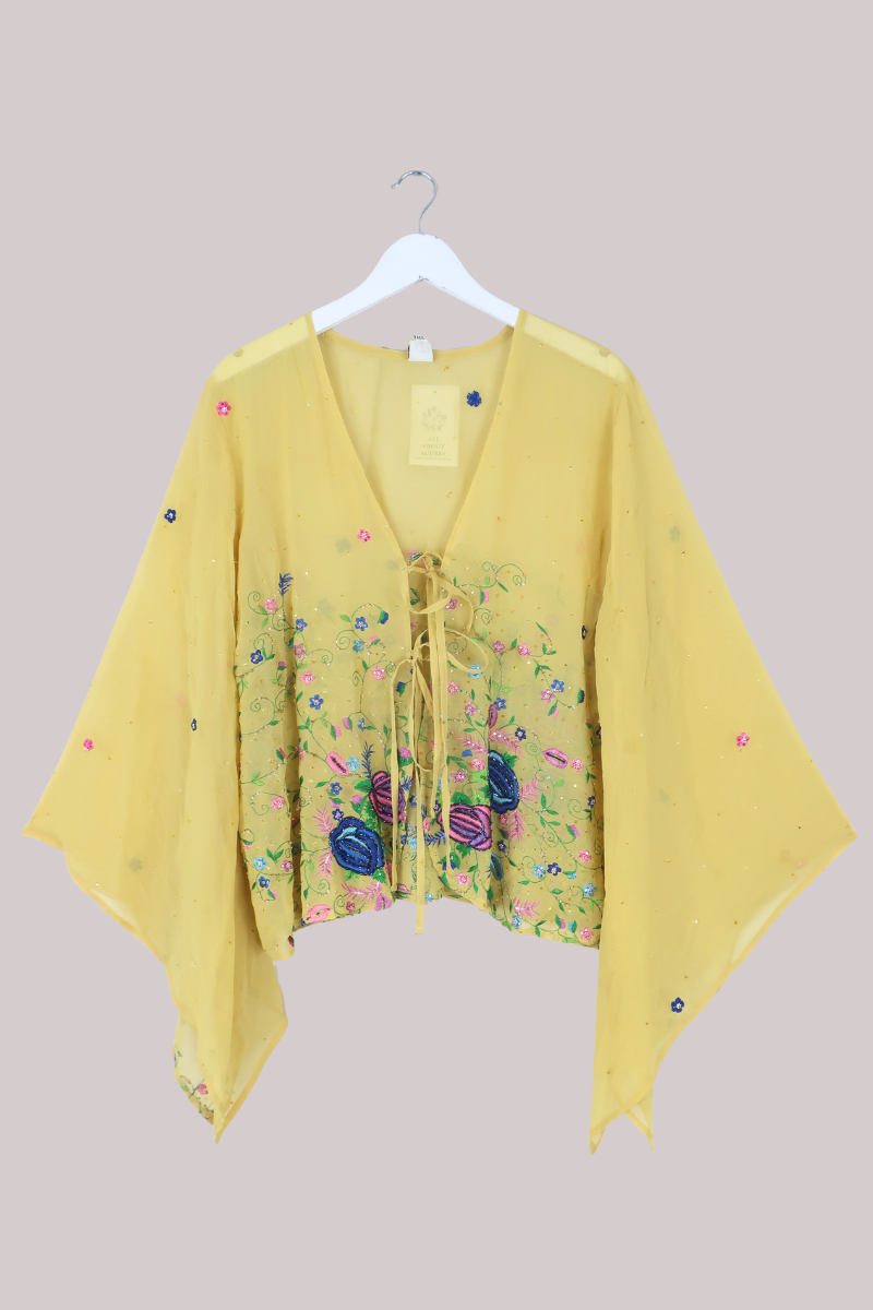 Gemini Vintage Sheer Beaded Sari Blouse in Daisy Yellow Bouquet
