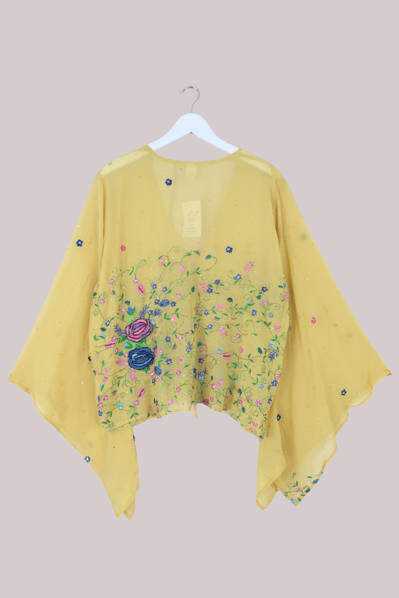 Gemini Vintage Sheer Beaded Sari Blouse in Daisy Yellow Bouquet