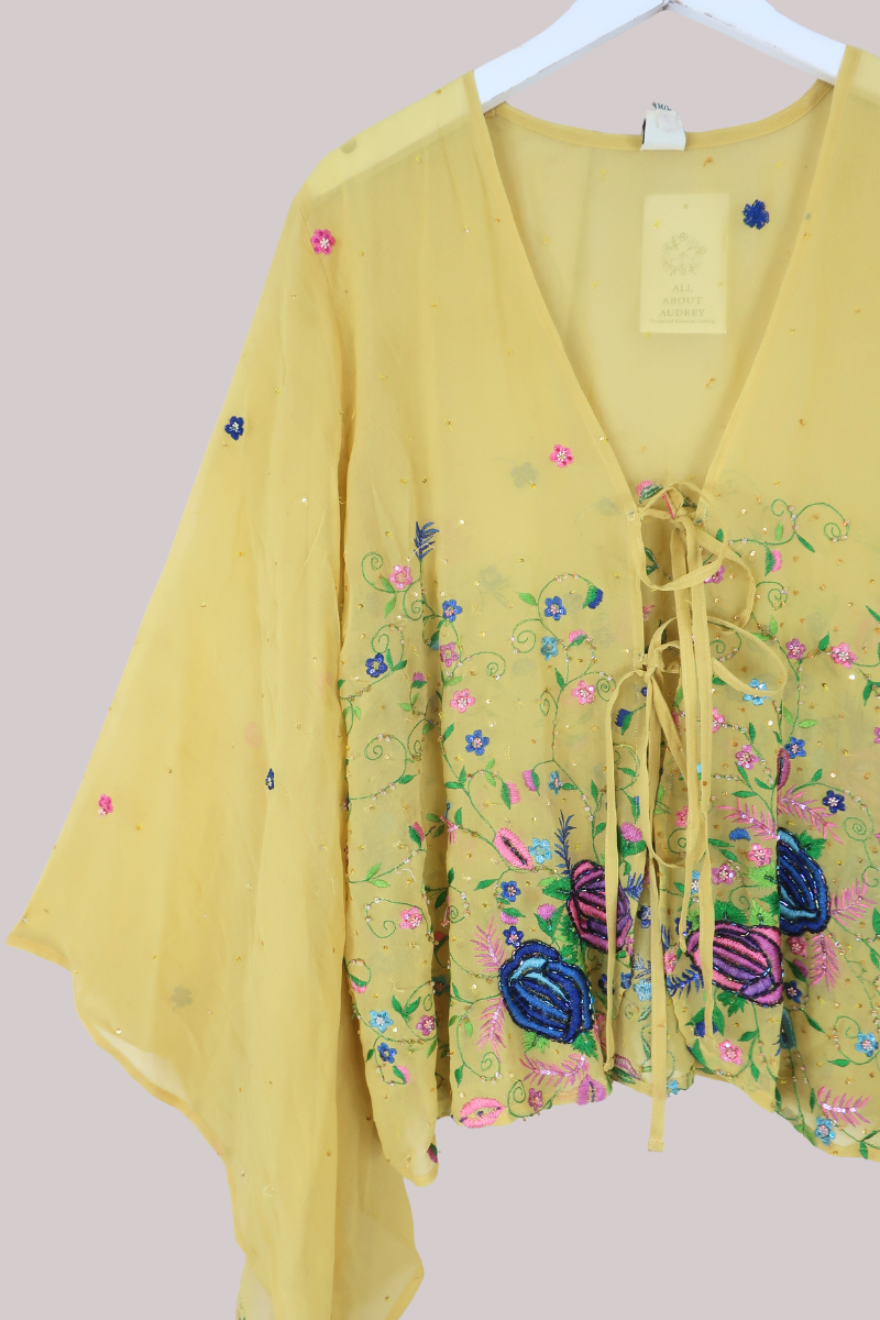 Gemini Vintage Sheer Beaded Sari Blouse in Daisy Yellow Bouquet