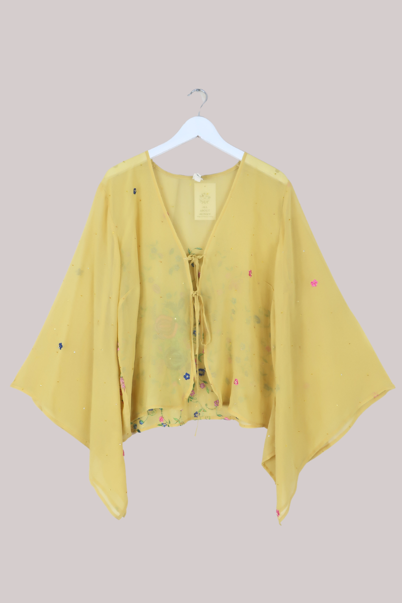 Gemini Vintage Sheer Beaded Sari Blouse in Limoncello Florals