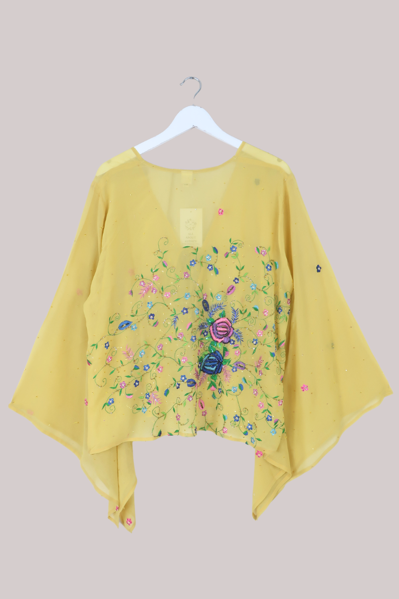 Gemini Vintage Sheer Beaded Sari Blouse in Limoncello Florals