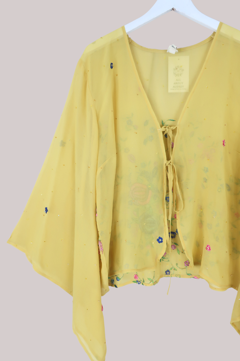 Gemini Vintage Sheer Beaded Sari Blouse in Limoncello Florals