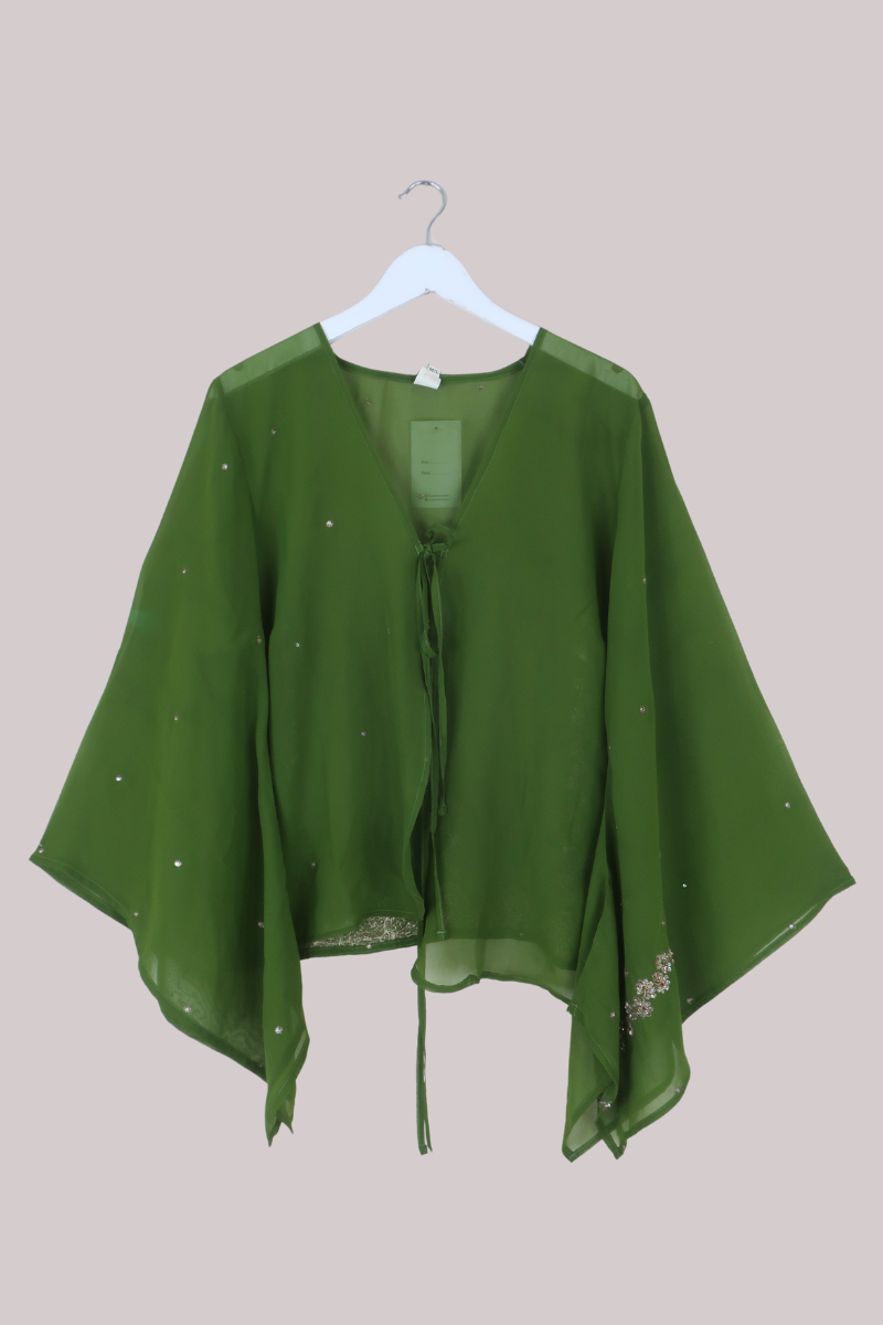 Gemini Vintage Sheer Beaded Sari Blouse in Olive Martini
