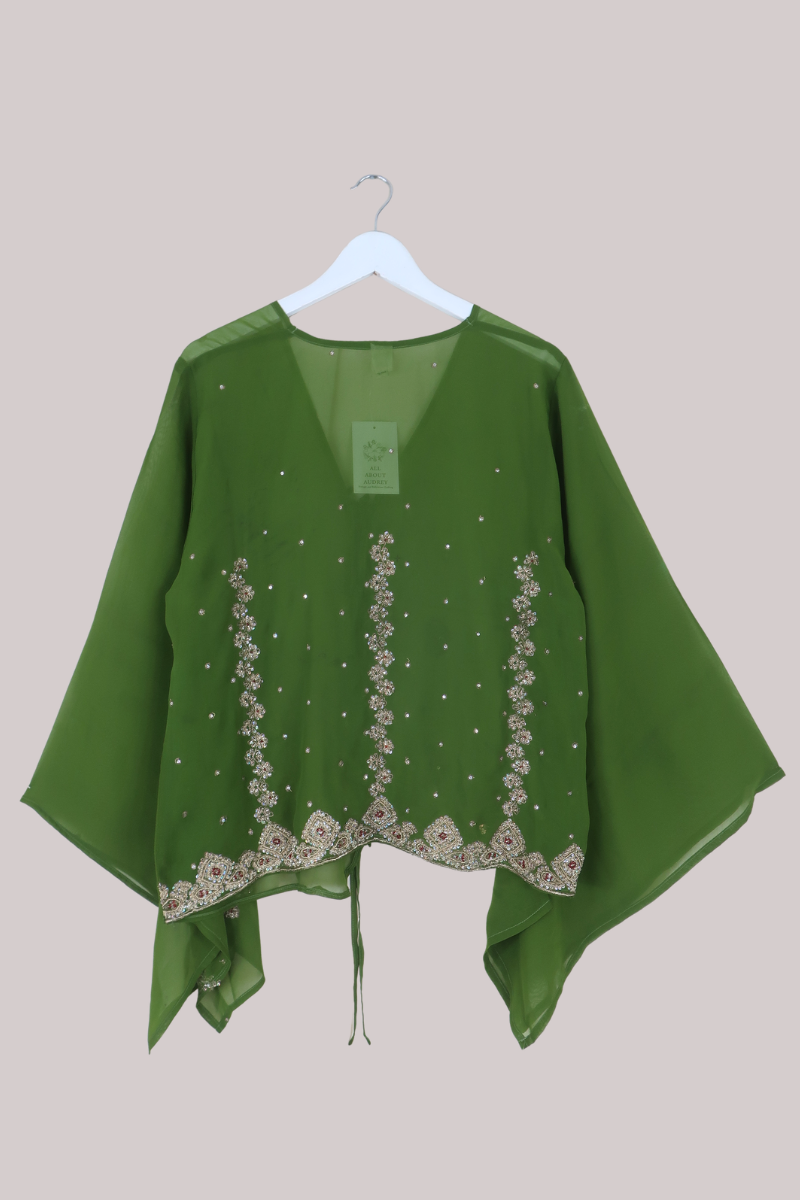 Gemini Vintage Sheer Beaded Sari Blouse in Olive Martini