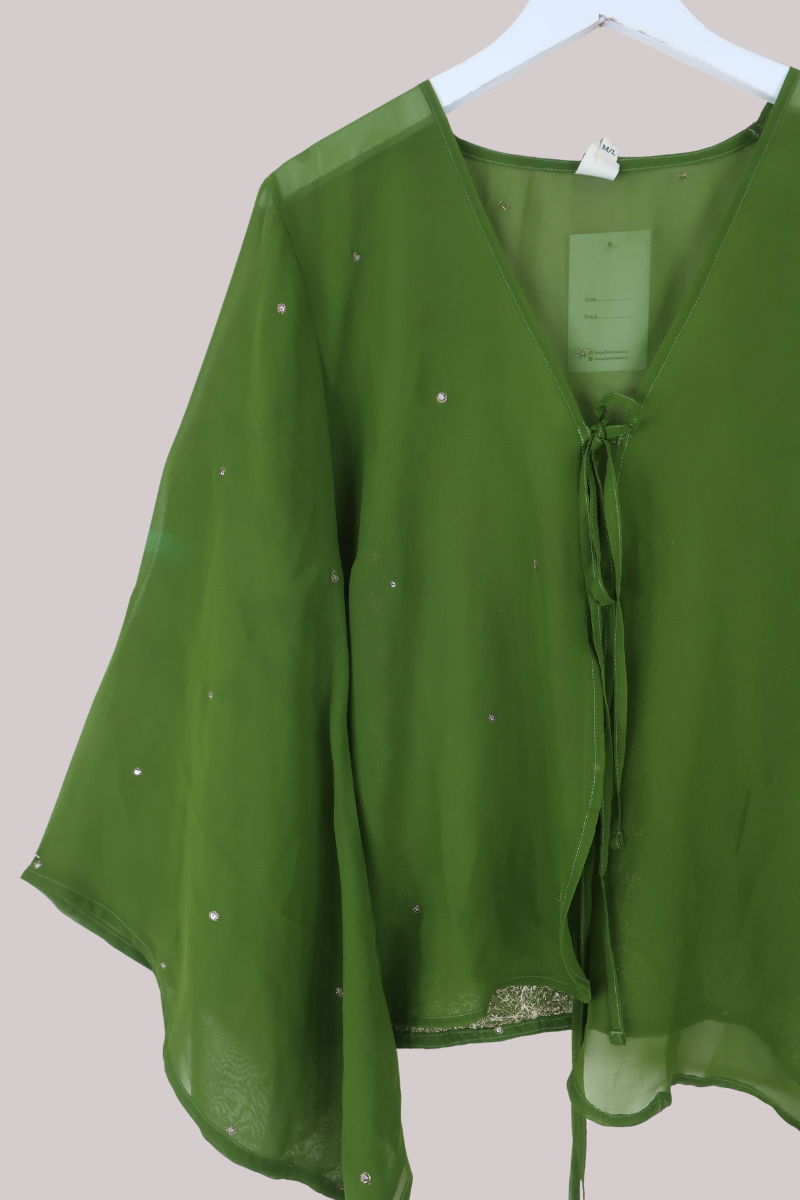 Gemini Vintage Sheer Beaded Sari Blouse in Olive Martini