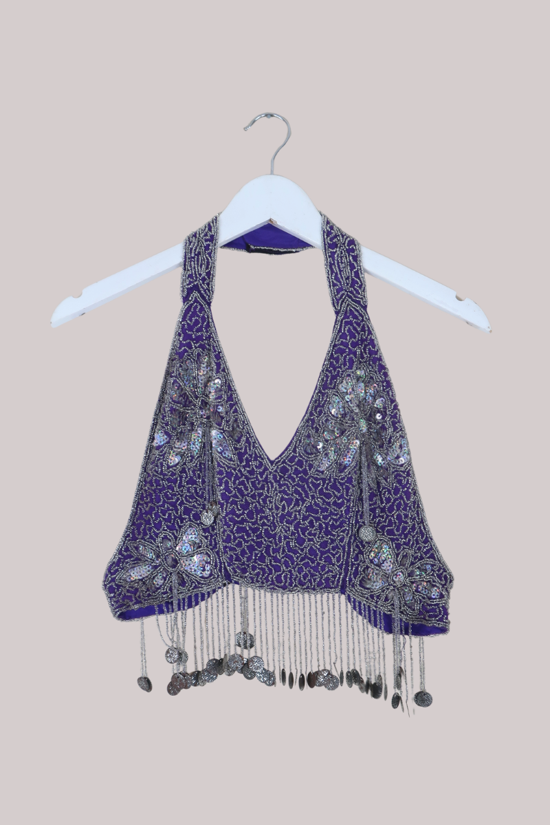 Vintage Beaded Bralette Halter Top in Bejewelled Violet