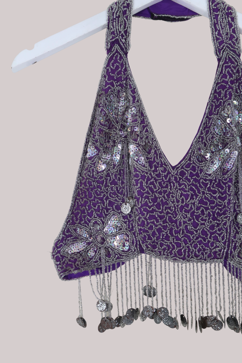 Vintage Beaded Bralette Halter Top in Bejewelled Violet