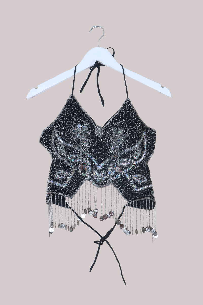 Addison Vintage Beaded Butterfly Top in Onyx Night