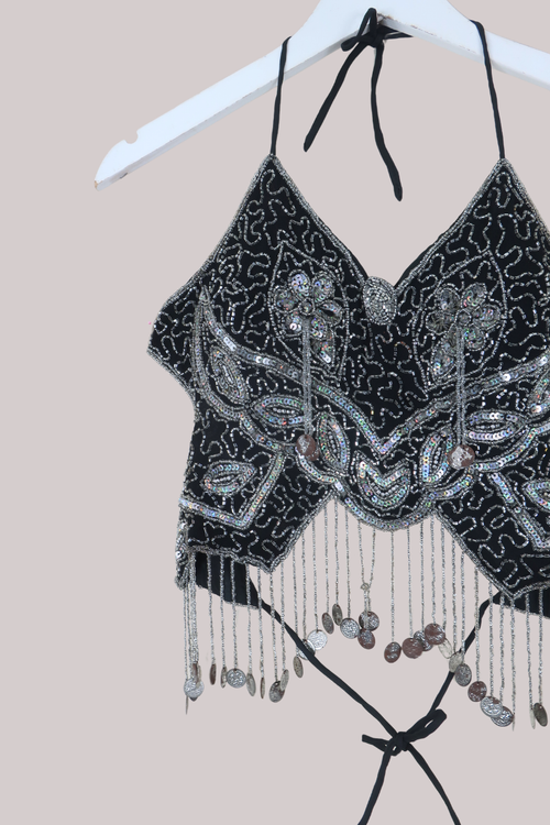 Addison Vintage Beaded Butterfly Top in Onyx Night