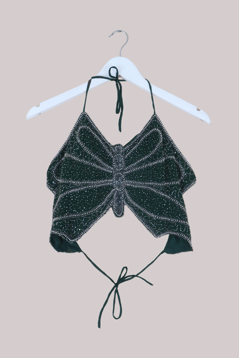 Addison Vintage Beaded Butterfly Top in Jade Green